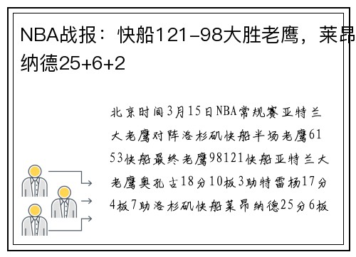 NBA战报：快船121-98大胜老鹰，莱昂纳德25+6+2